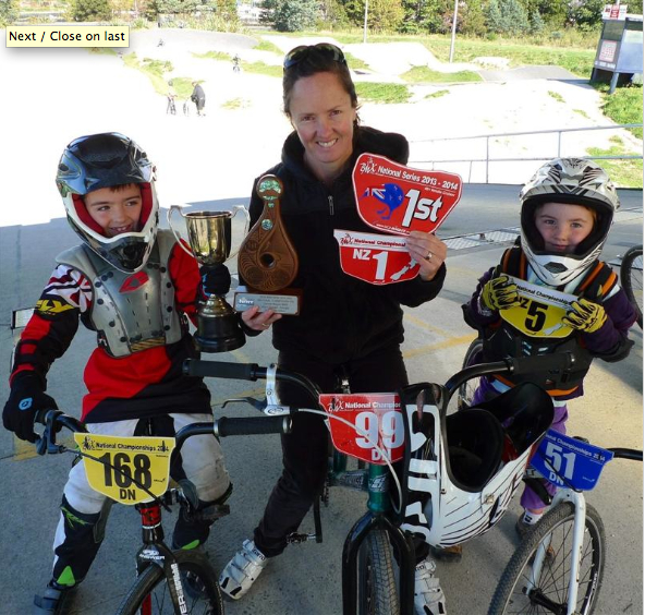 New Zealand BMX champion Amelia Johnston with her children Solly Armstrong (left) and Lottie Armstrong. Photo by Tim Armstrong.