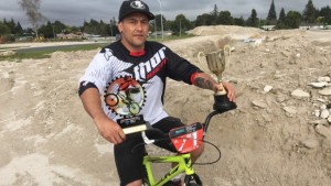 Tokoroa's Dion Newth celebrates his first national win after coming out of retirement. Photo: Frances Ferguson