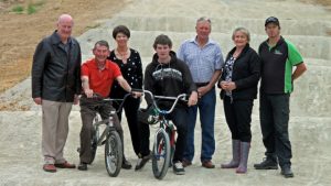 Matamata-Piako District Council councillors Garry Stanley, Brian Hunter, Leonie Tisch, BMXer Ross Taylor, councillor Bob McGrail, mayor Jan Barnes and BMXer Ziggy Burch, in an earlier photo showing the redesigned and resurfaced track.