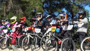 Sarah Walker with fans at the official opening of the Cromwell Bike Park